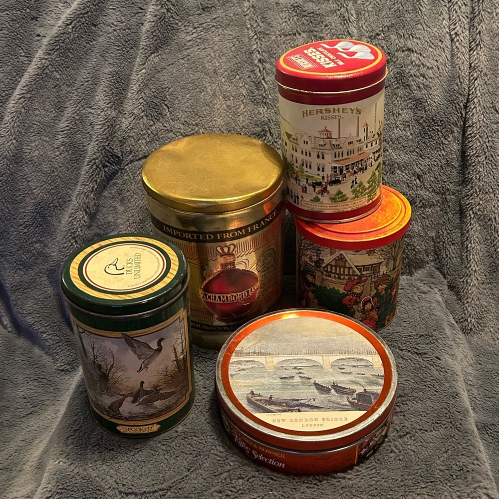 Vintage Collection Of 5 Decorative Tins Featuring Various Makers And Sizes